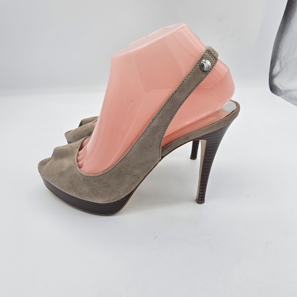 Michael Kors taupe Suede Peep Toe Slingback Stiletto Platform Heels Size 8.5M - Picture 5 of 13